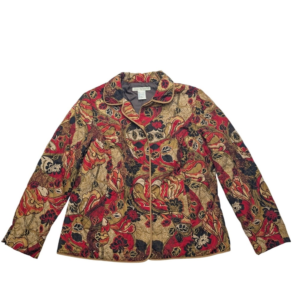 Requirements Quilted Jacket Womens Large Red Gold Paisley Floral Zip Front Coat